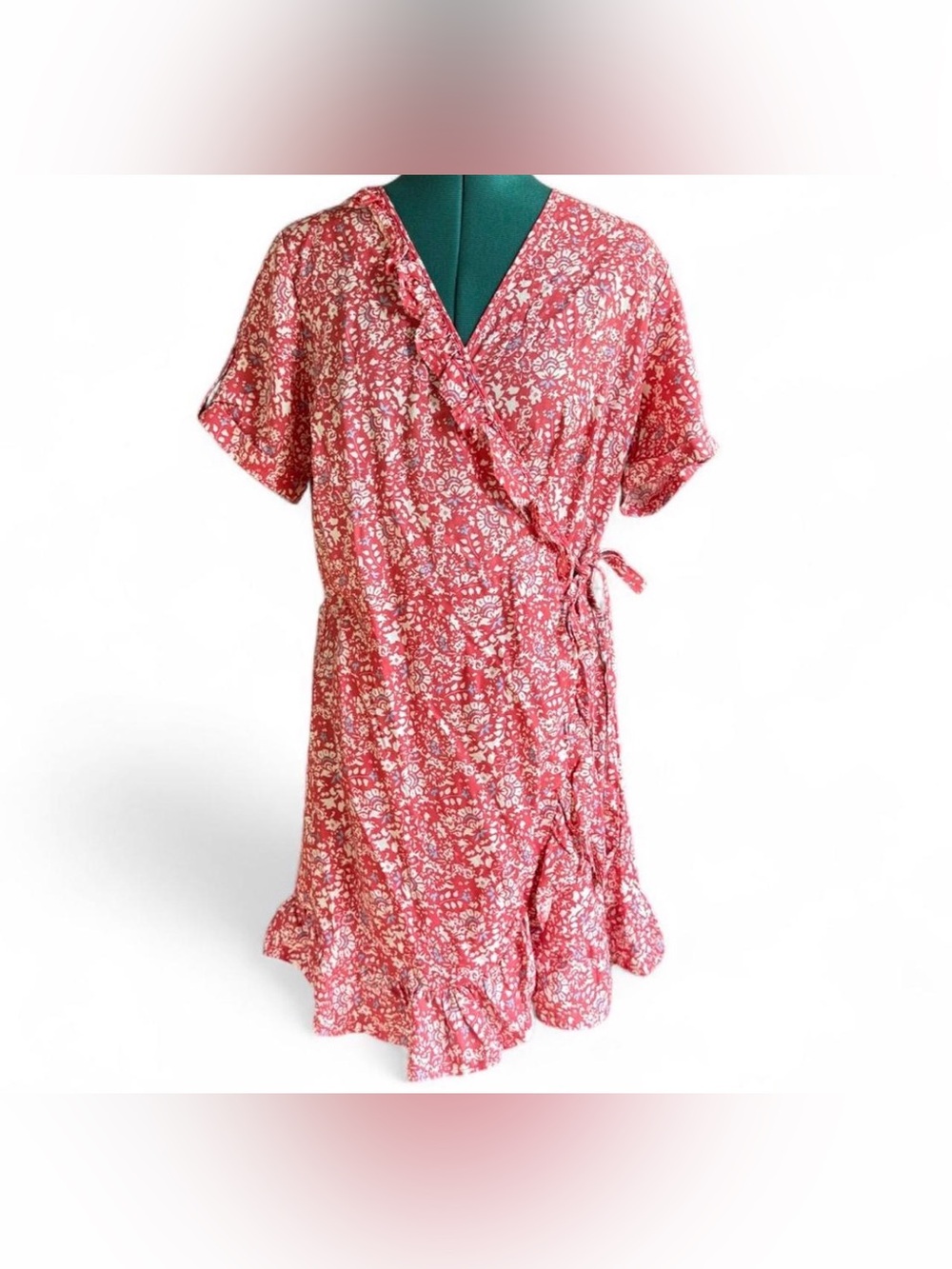 The Drop Women's Red Floral Wrap Mini Dress with Ruffle Hem